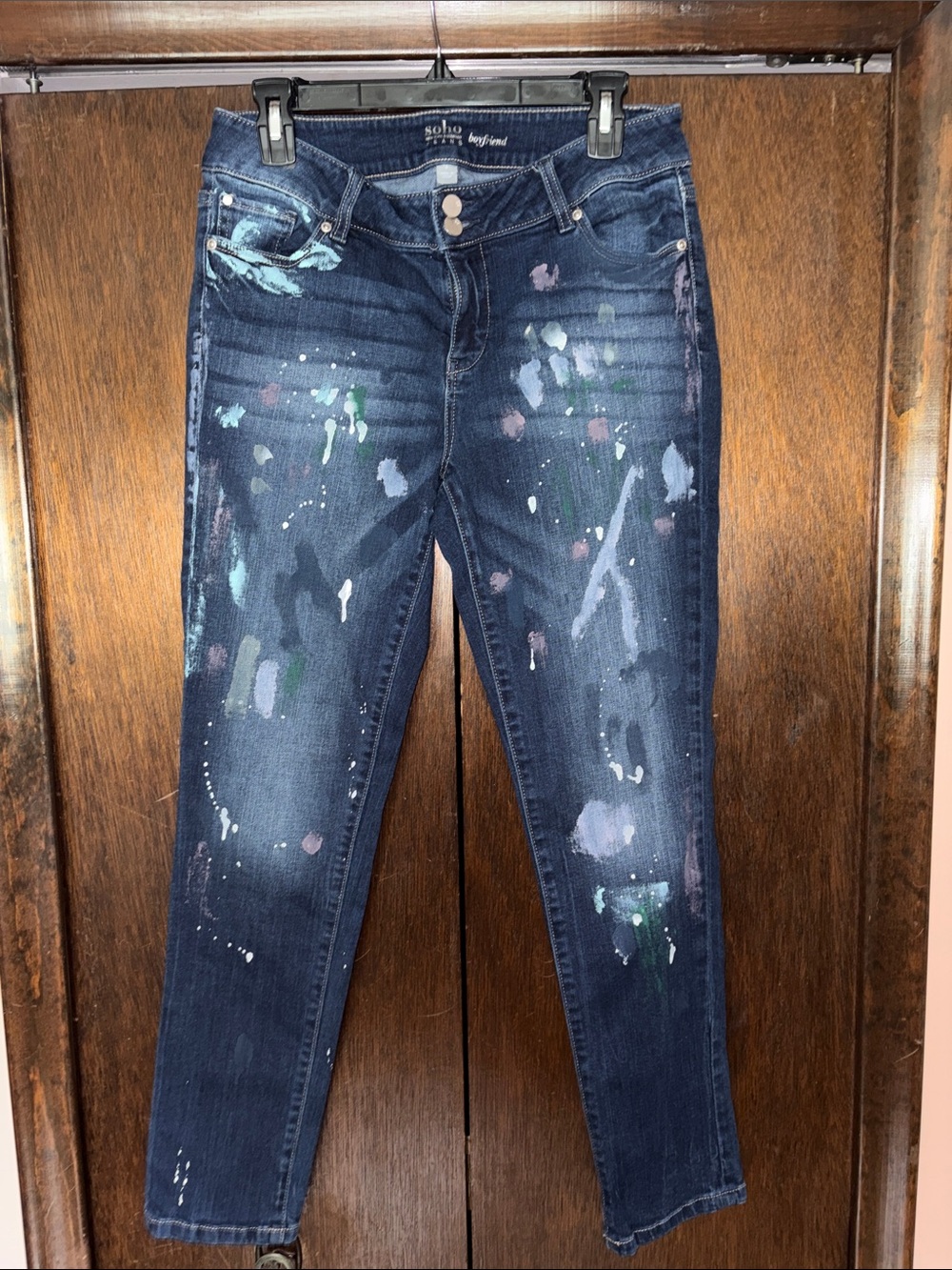 SOHO Navy Skinny Jeans with Multicolor Paint Accents